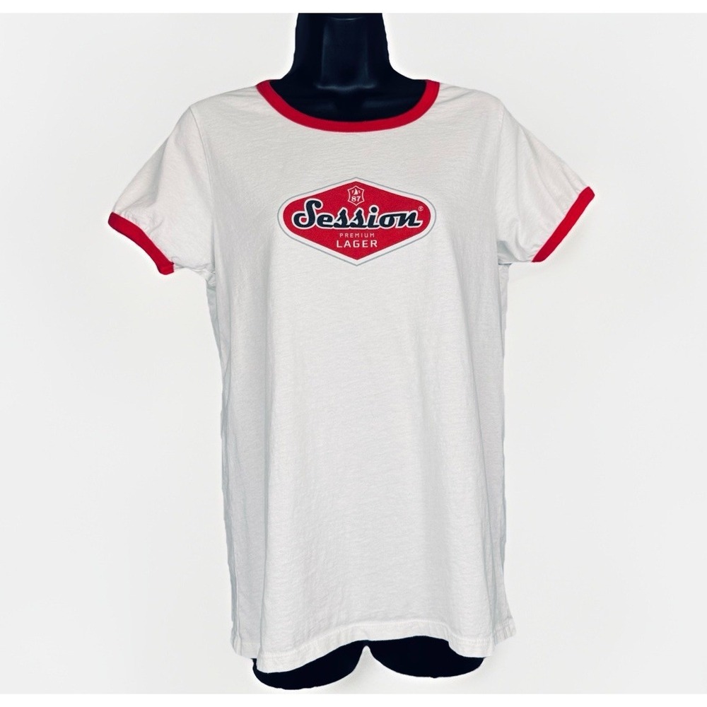 Sessions Lager Womens LG Ringer T-Shirt White Red Logo Tee Beer‎ Collector Top